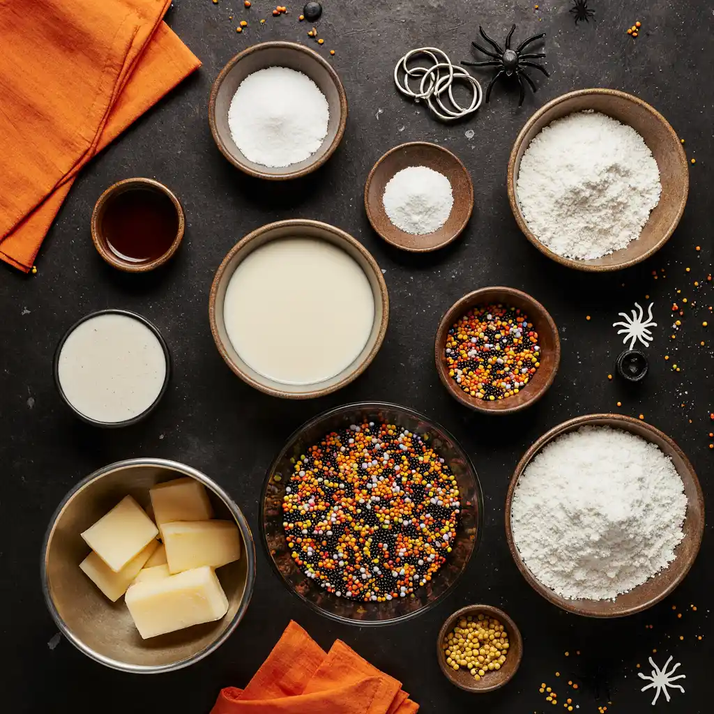 Ingredients for Halloween thumbprint cookies with butter, sugar, flour, and sprinkles