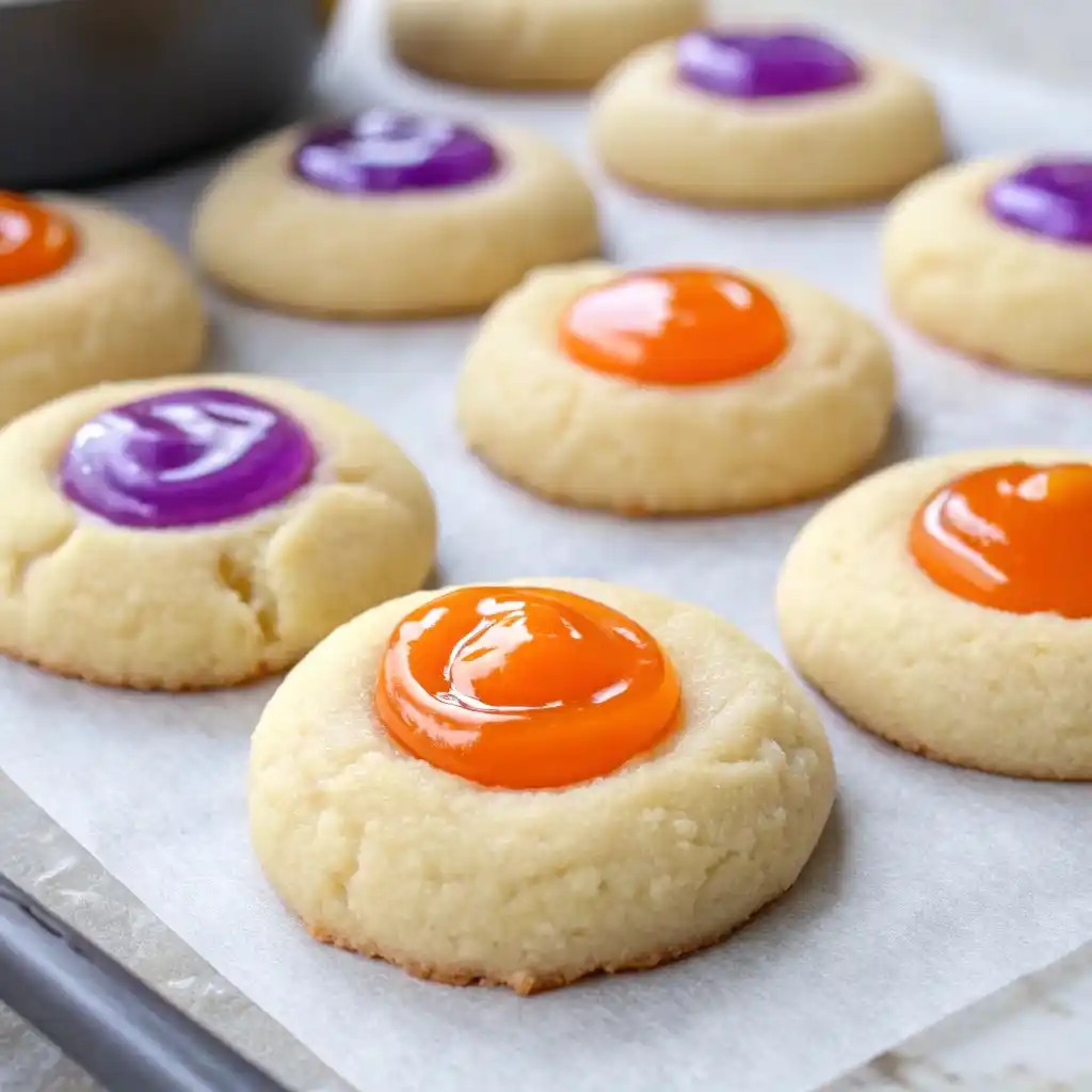 Thumbprint cookies decorated with orange and purple icing centers