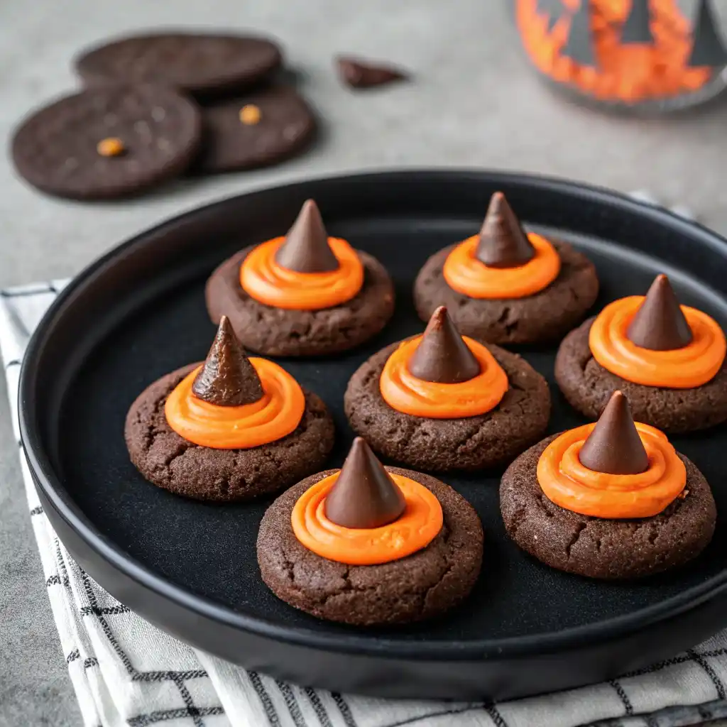 Witch hat cookies decorated with Hershey’s Kisses and orange icing