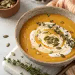 high protein butternut squash soup with cottage cheese swirl and pumpkin seeds