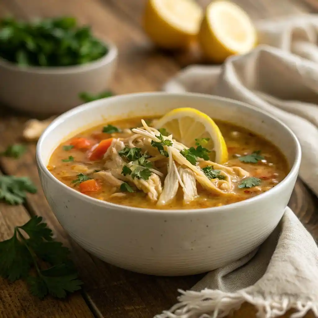 Bowl of high protein chicken soup topped with parsley and lemon.