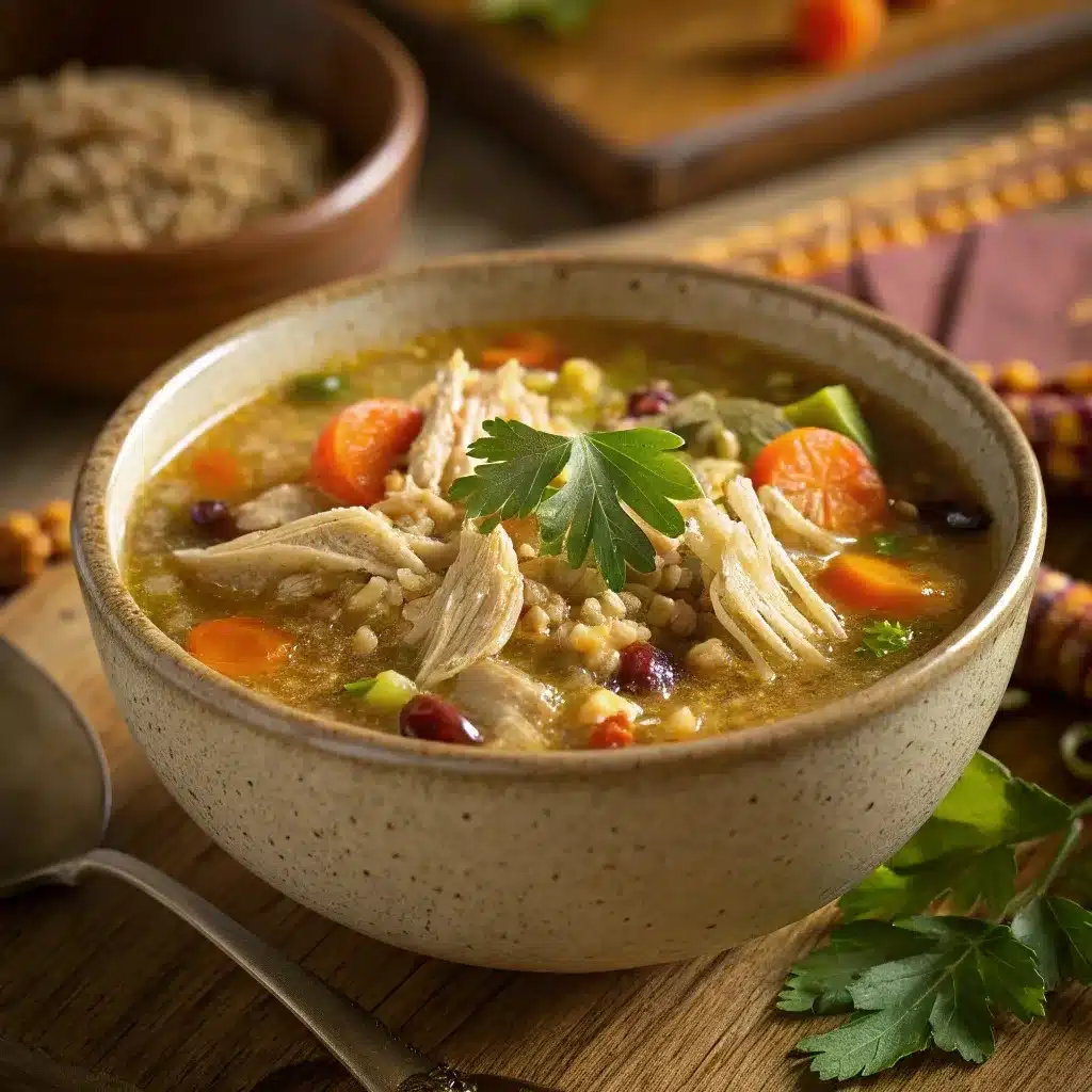 Bowl of high protein leftover turkey soup with shredded turkey, vegetables, and quinoa in golden broth.