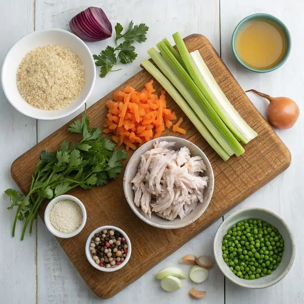 Ingredients including turkey, vegetables, beans, and quinoa for high protein leftover turkey soup.