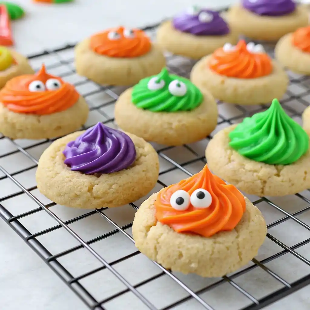 Thumbprint cookies filled with colorful Halloween icing