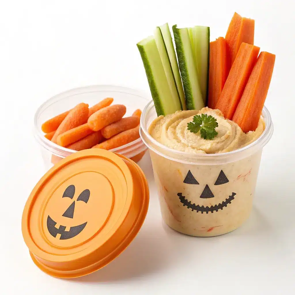 Hummus dip cups with jack-o’-lantern lids and veggie sticks