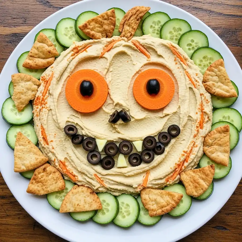 Hummus jack-o’-lantern face with veggie dippers