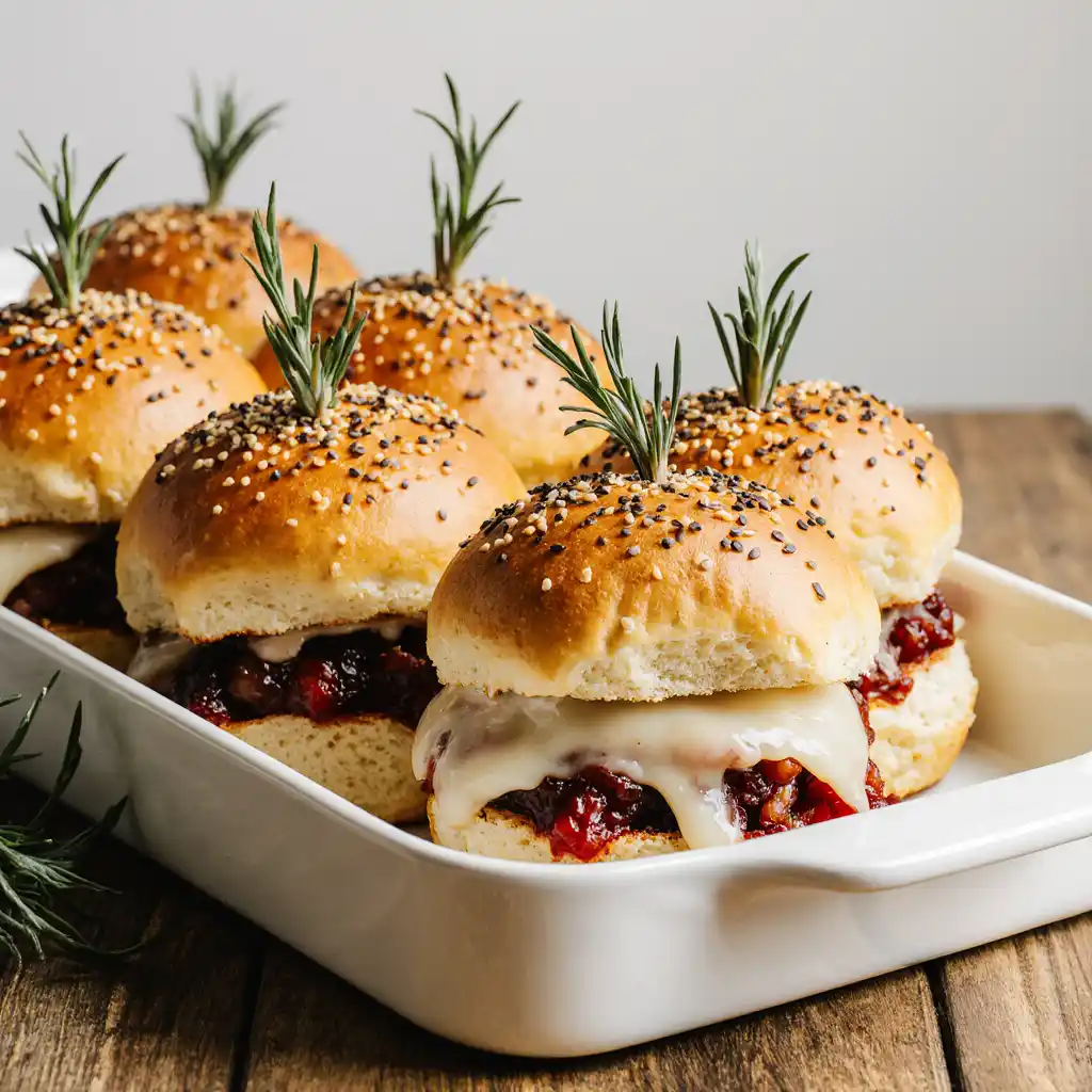 Golden baked leftover Thanksgiving turkey sliders with cranberry and stuffing