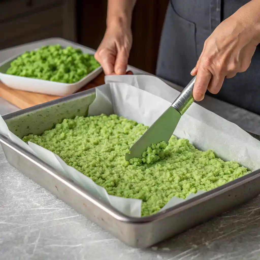 Pressing green Rice Krispie mixture into baking pan