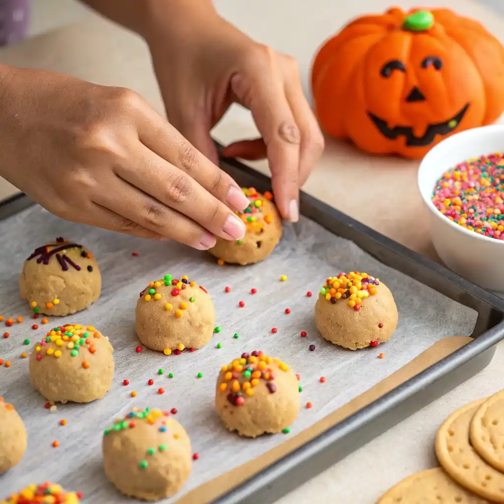 Pressing thumbprints into cookie dough rolled in Halloween sprinkles