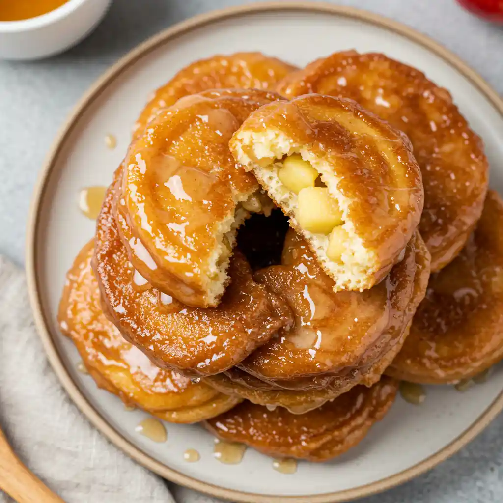 Close-up of maple Honeycrisp apple fritters with glaze