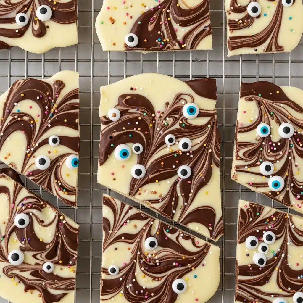 Marbled white and dark chocolate Halloween bark with candy eyes