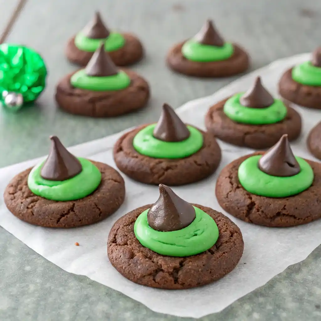 Chocolate cookies decorated with melted green icing and Hershey’s Kisses
