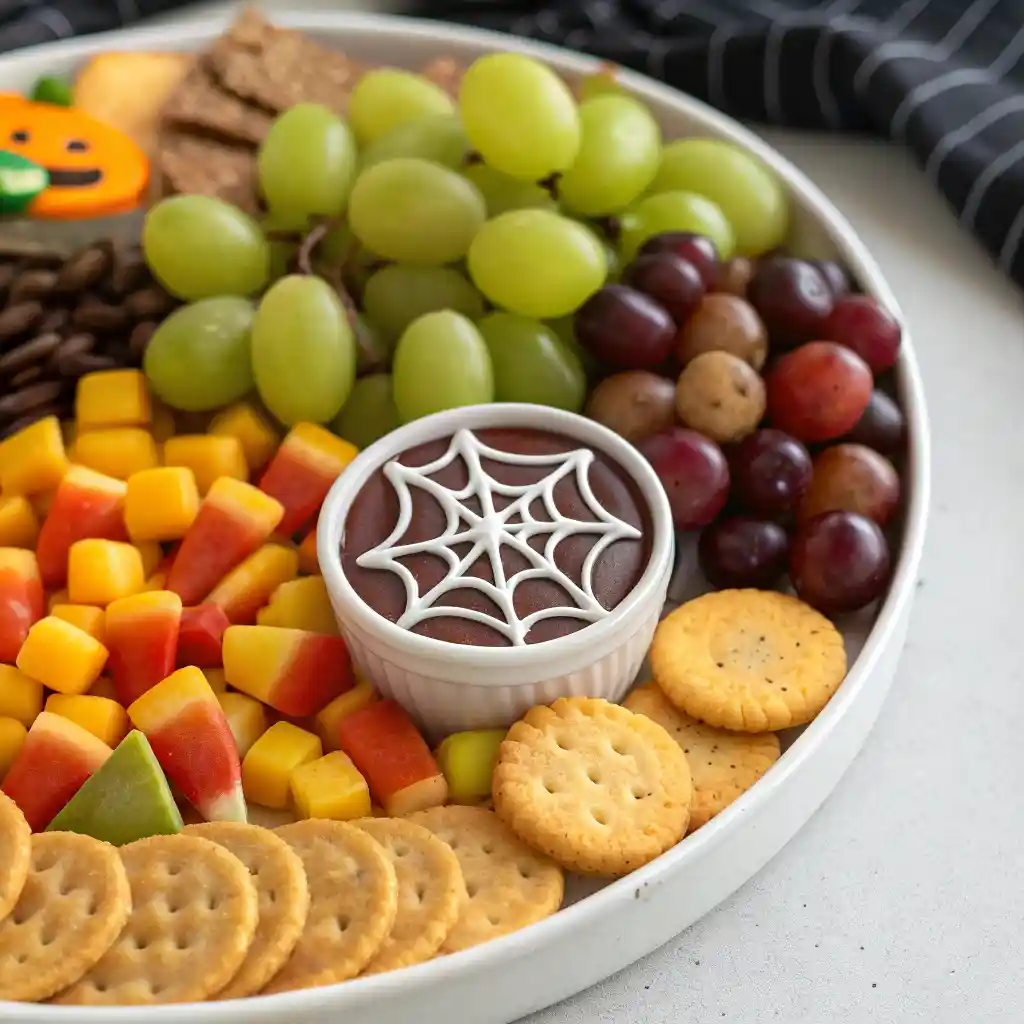 mixed Halloween charcuterie board with sweet and savory snacks