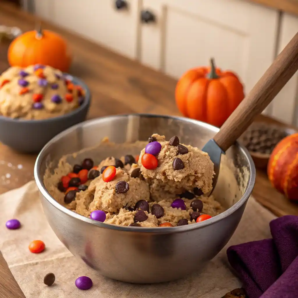 Cookie dough with chocolate chips and colorful M&M’s in a mixing bowl