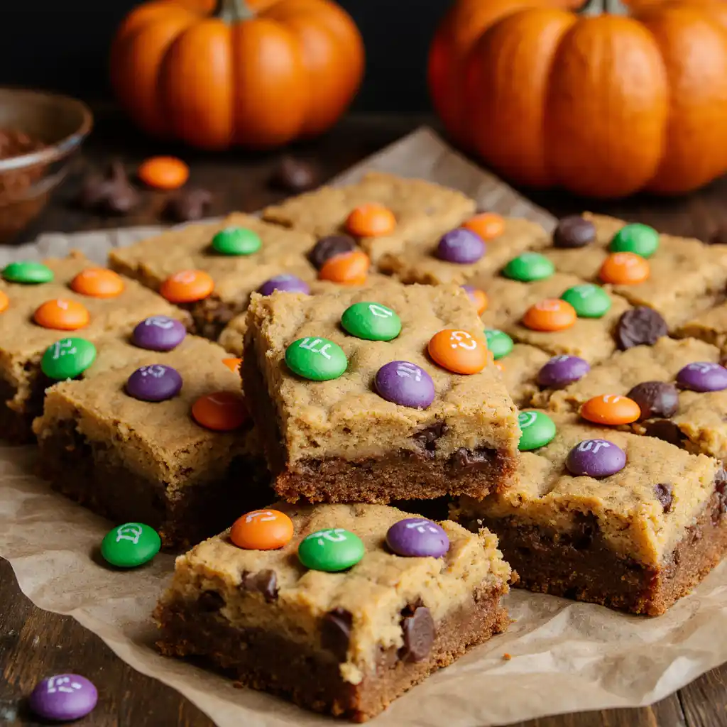 Pan of chewy M&M’s Halloween Cookie Bars with colorful candy topping