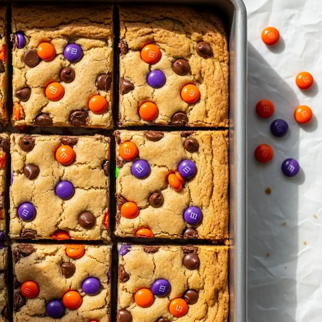M&M Halloween cookie bars cut into squares with orange and purple candies