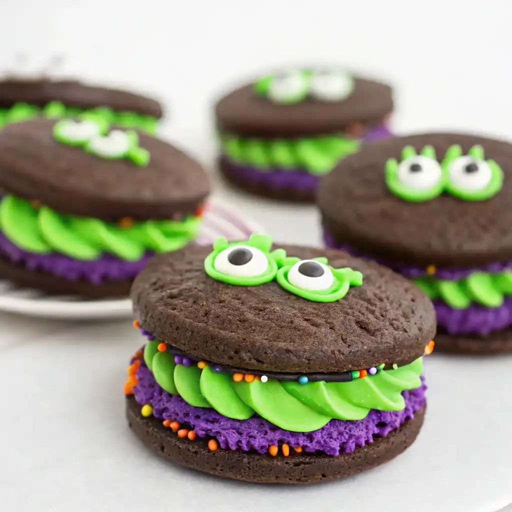 Monster sandwich cookies with neon frosting and candy eyes