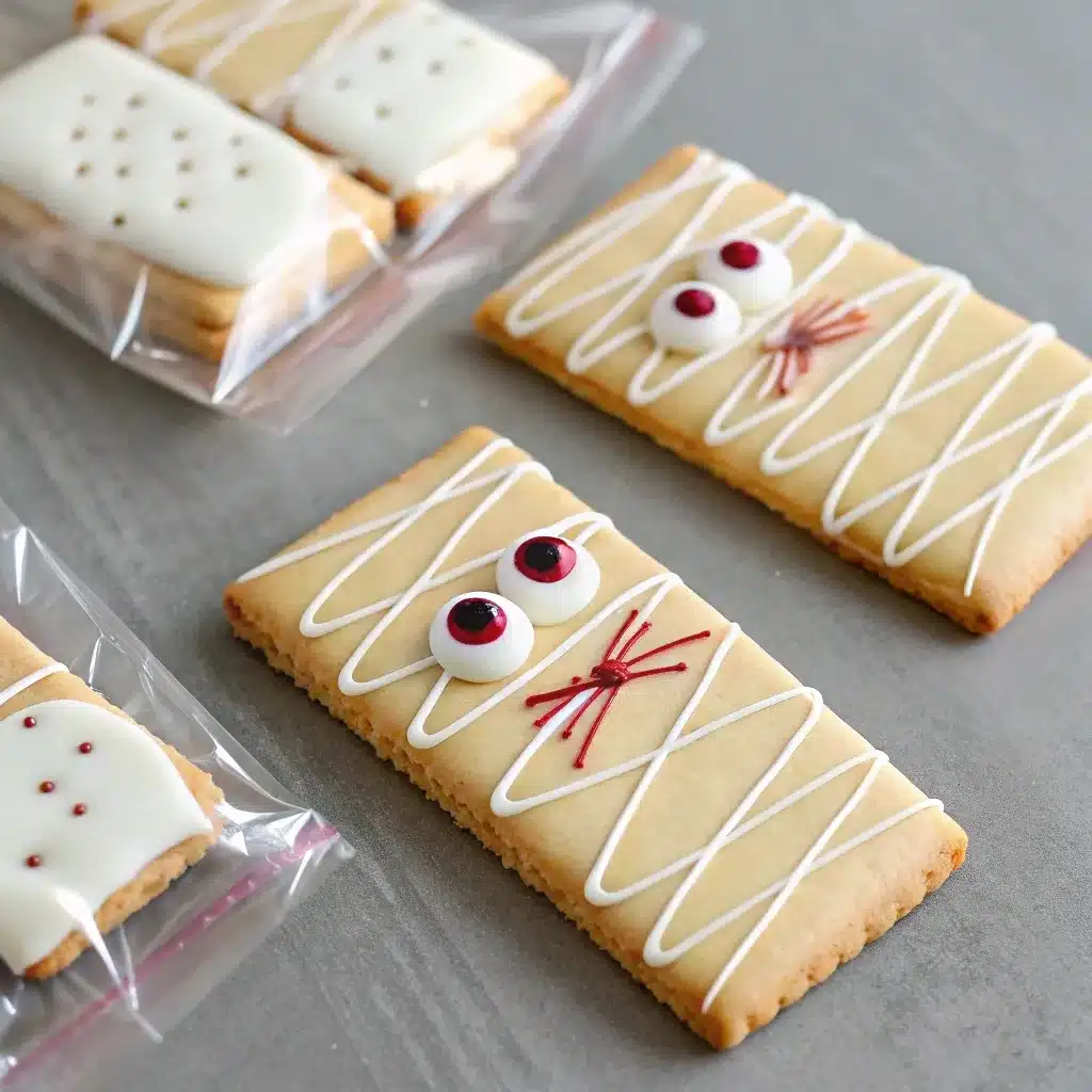 Mummy graham crackers with white drizzle and candy eyes in treat bags