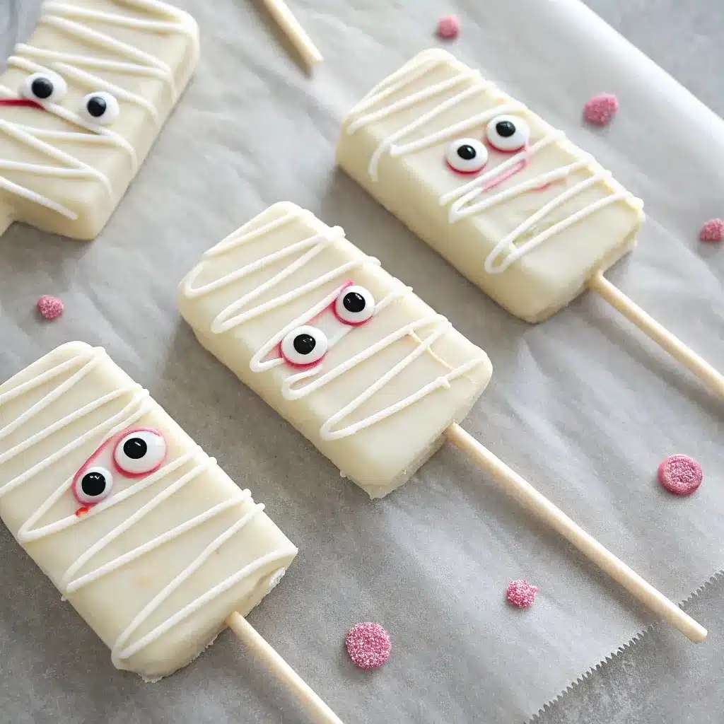 Rice Krispie mummy pops with white drizzle and candy eyes