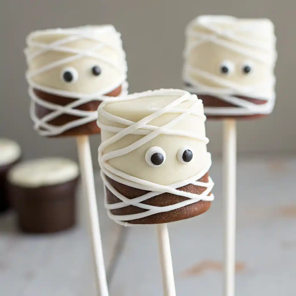 Mummy marshmallow pops with white drizzle and candy eyes