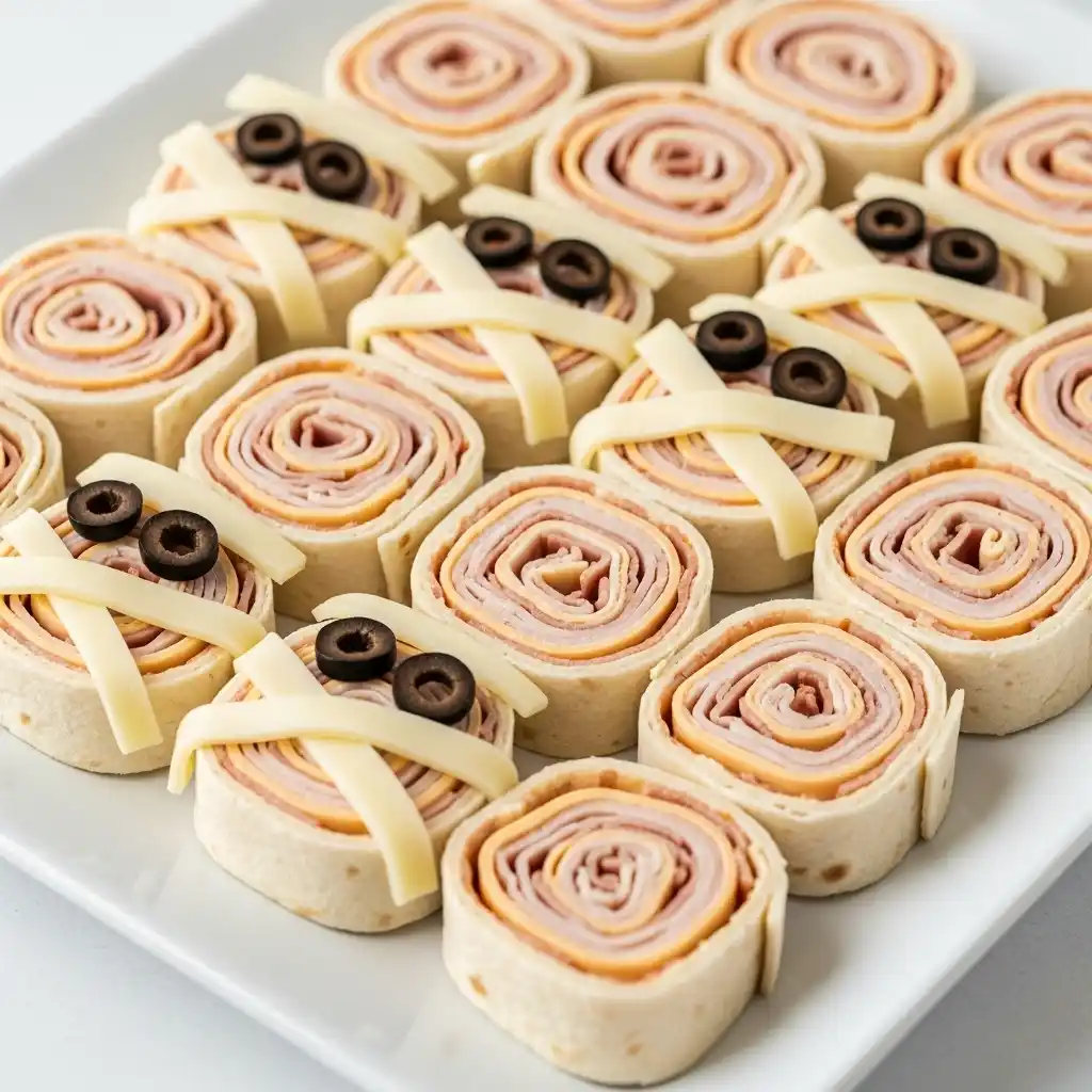 Mummy tortilla pinwheels with cheese strips and olive eyes