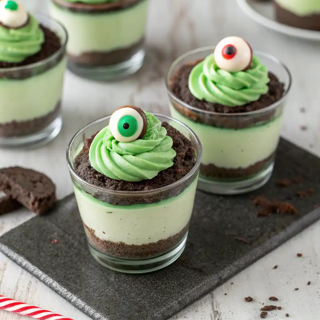 No-bake cheesecake cups with chocolate base and green swirl