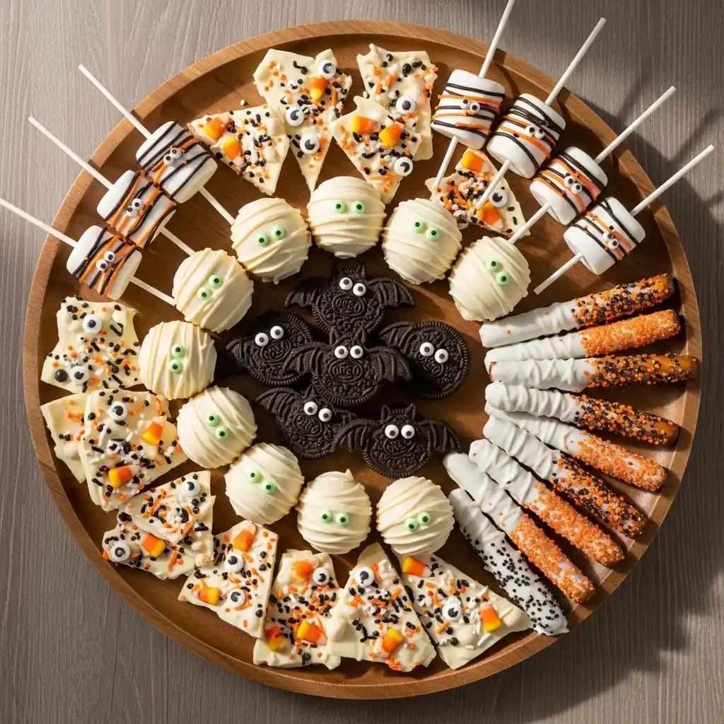 Platter of no-bake Halloween treats with Oreo bats, mummy truffles, bark, and marshmallow pops