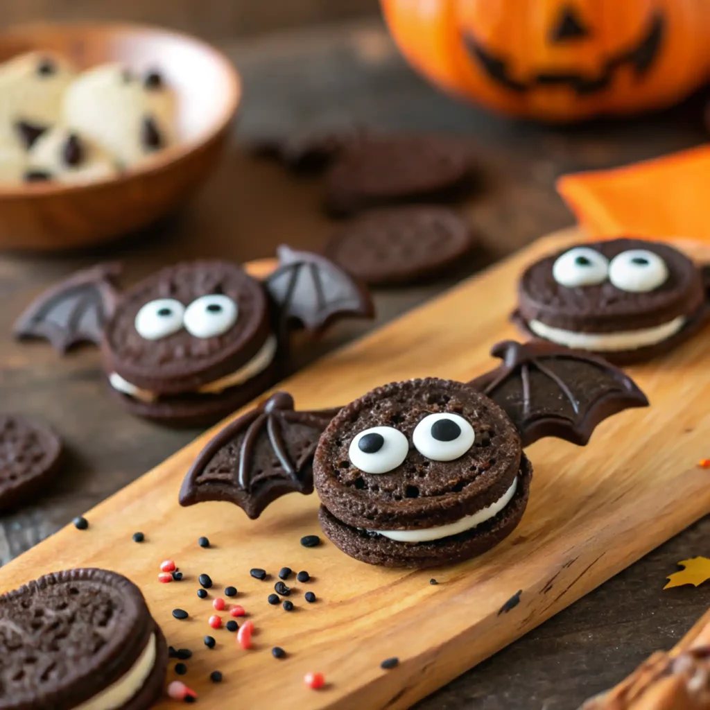 Close-up of no-bake Oreo bat cookies with chocolate wings and candy eyes on a wooden board.
