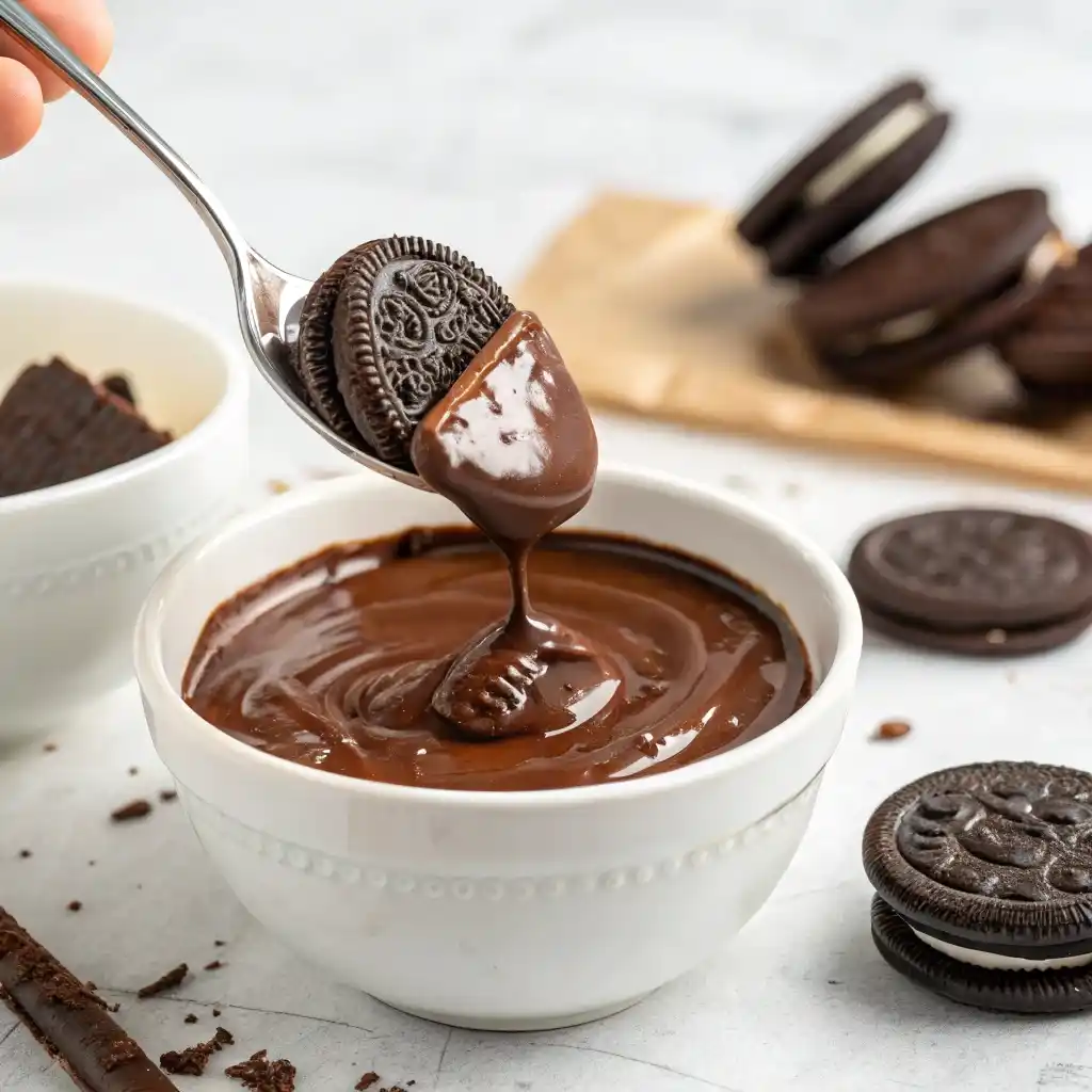 Oreo cookie being dipped in melted chocolate for no-bake Oreo bat cookies.
