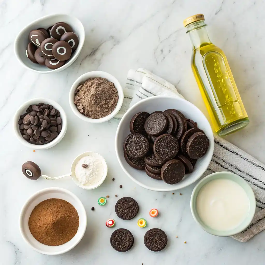 Flat lay of ingredients for no-bake Oreo bat cookies including Oreos, chocolate, candy eyes, and vegetable oil.