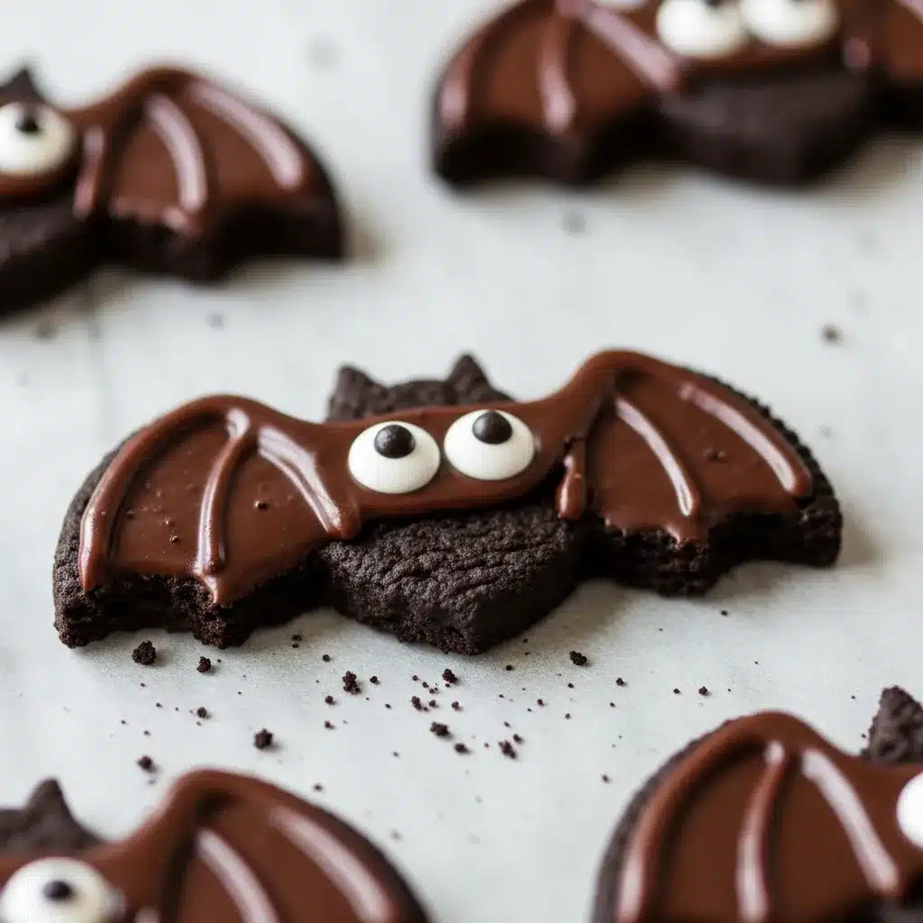 No-bake Oreo bat cookies with chocolate wings and candy eyes on parchment