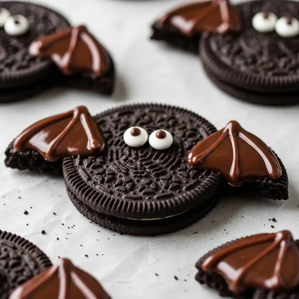 No-bake Oreo bat cookies with chocolate wings and candy eyes