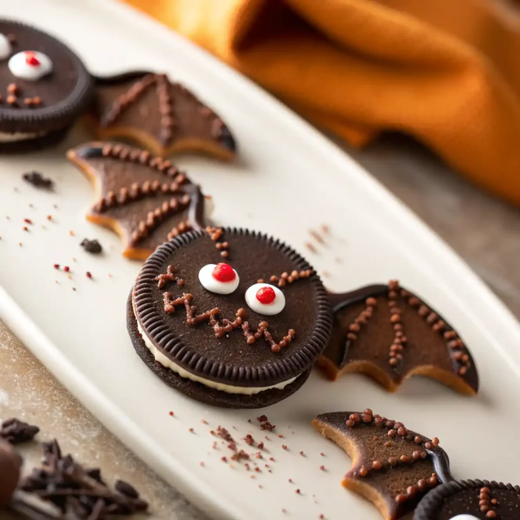 Oreo bat cookies served on a white plate with candy eyes and chocolate wings.