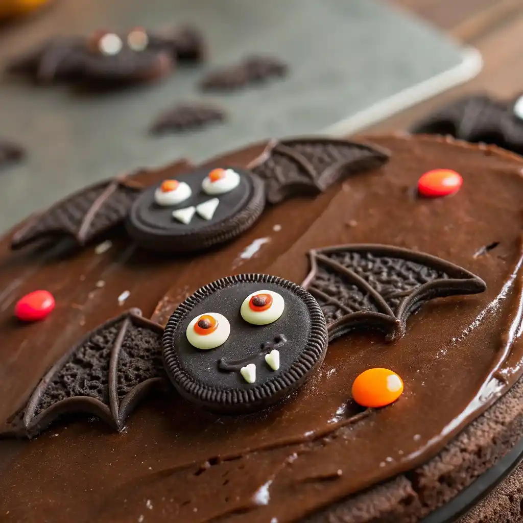 Oreo bat cookies decorated with candy eyes on glossy melted chocolate.