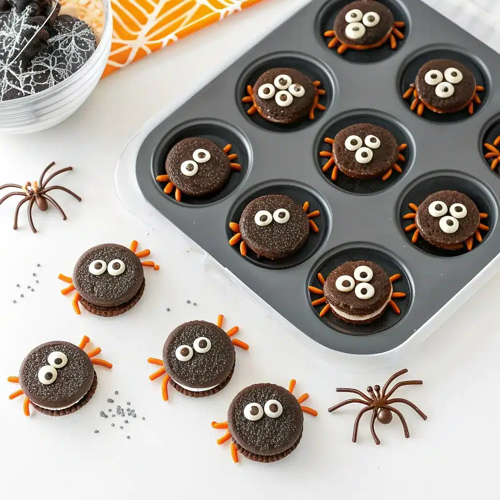 Oreo spider bites with pretzel legs and candy eyes on a tray