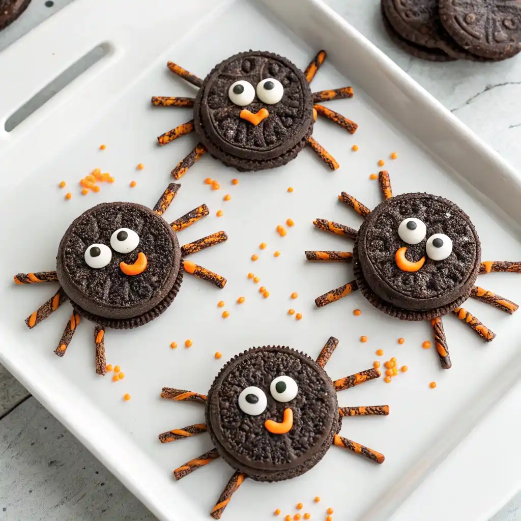Oreo spider bites with pretzel legs and candy eyes