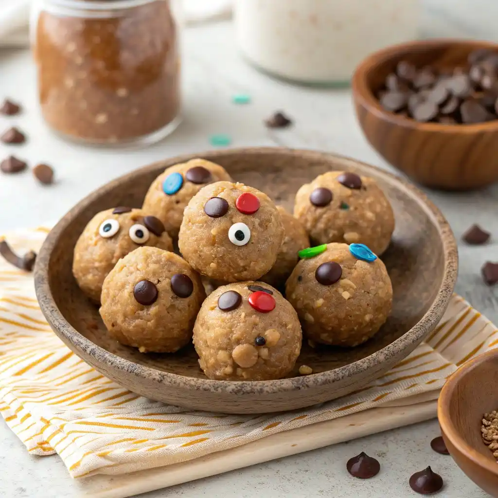 Peanut butter oat bites with mini chocolate chips and candy eyes