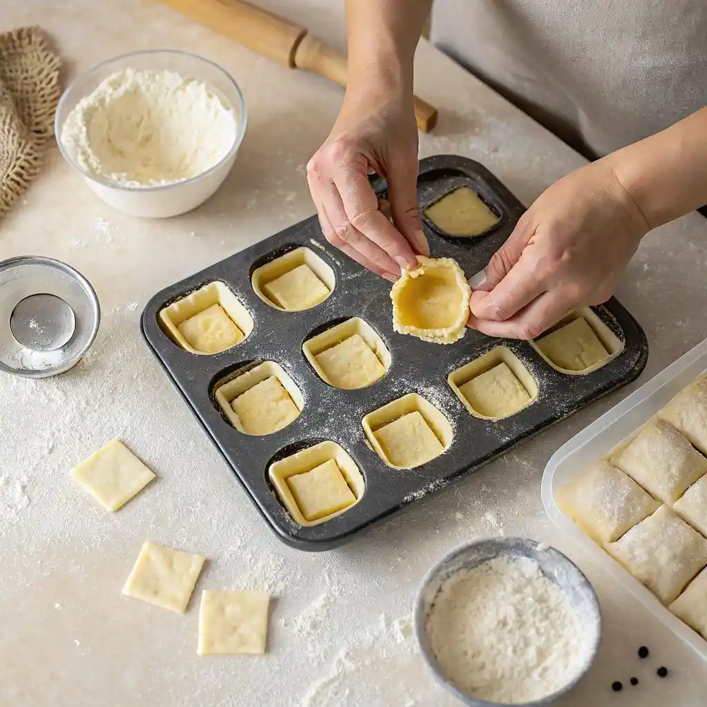 Puff pastry squares placed into mini muffin tin