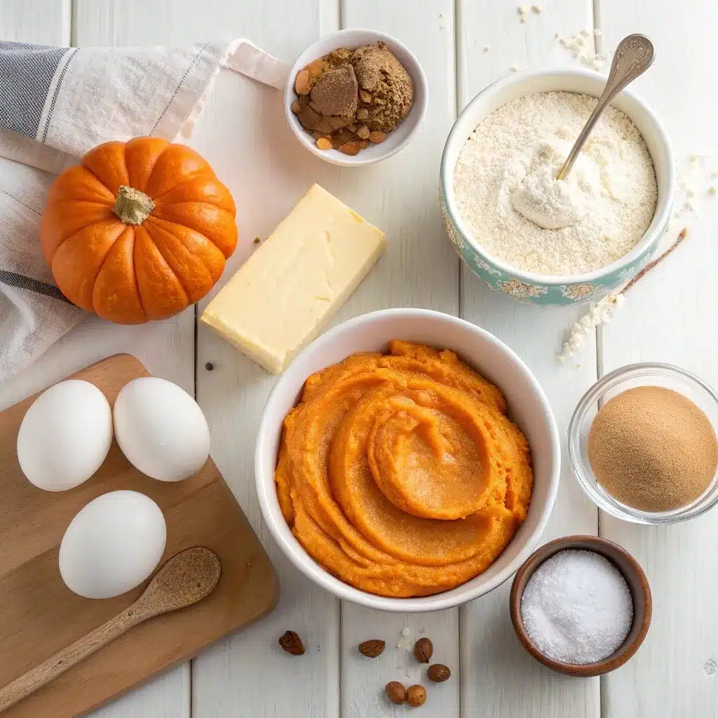 Pumpkin puree, cream cheese, flour, eggs, and spices for Pumpkin Bread with Cream Cheese Swirl