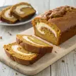 Pumpkin Bread with Cream Cheese Swirl loaf sliced to reveal swirl