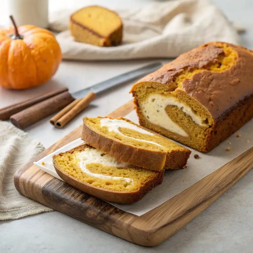 Freshly baked Pumpkin Bread with Cream Cheese Swirl sliced on wooden board