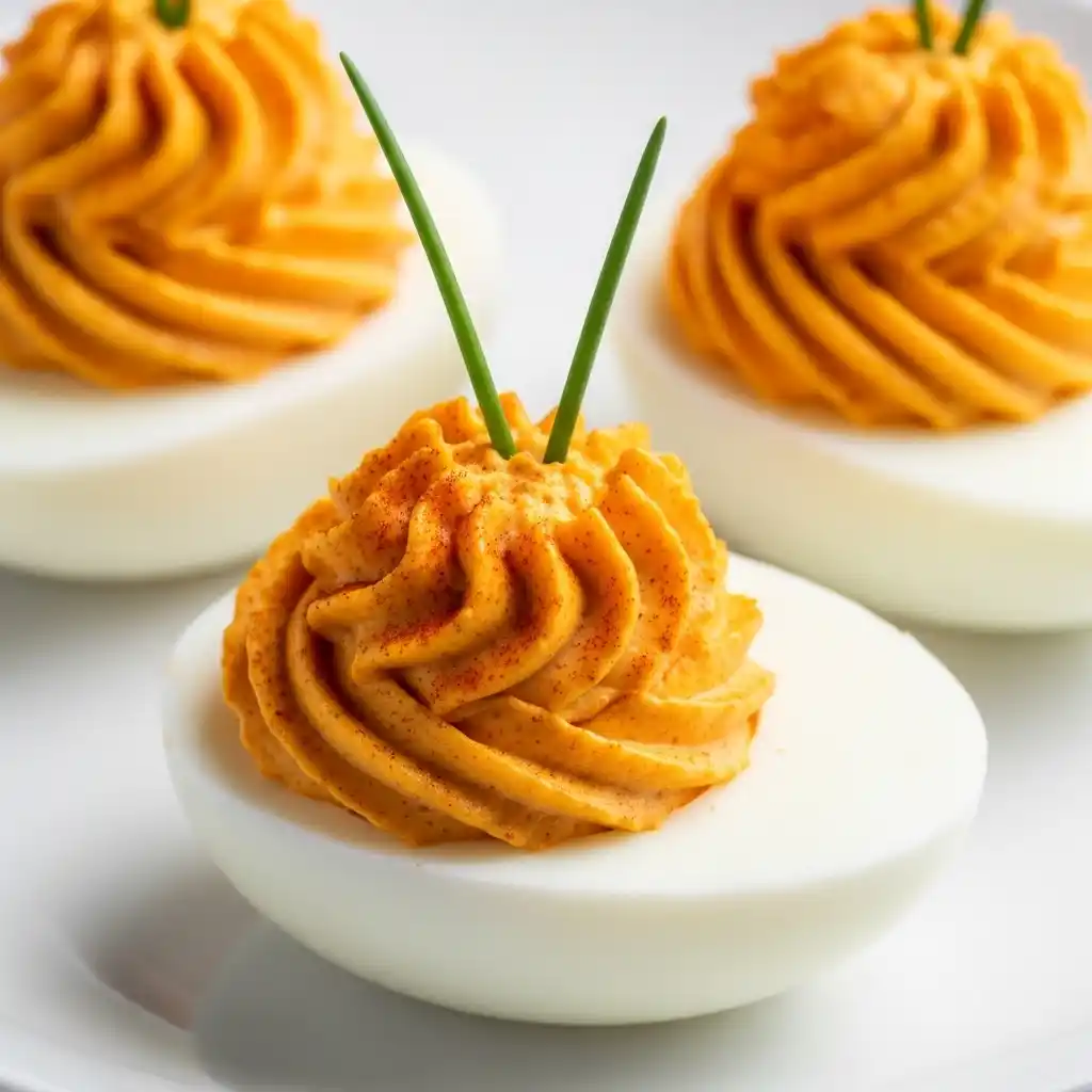 Pumpkin-style deviled eggs with paprika and chive stems