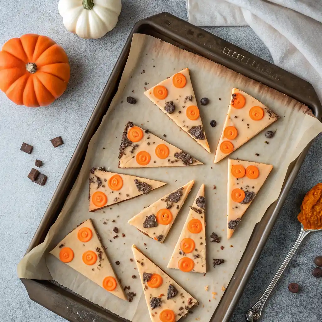 Orange white chocolate Halloween bark with cookies and pumpkin candies