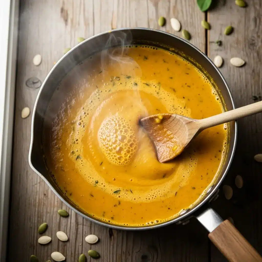 pumpkin soup simmering in a saucepan with wooden spoon stirring