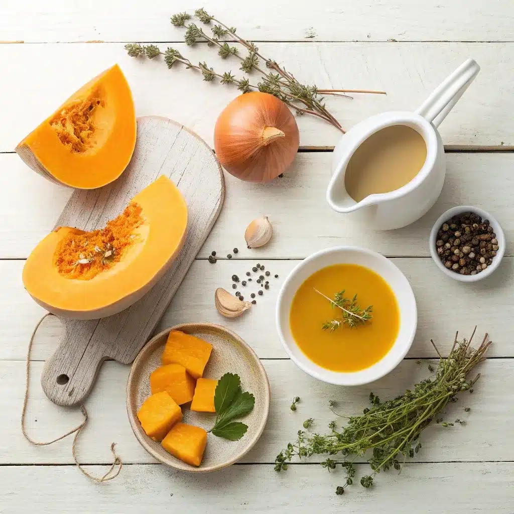 fresh pumpkin soup ingredients including pumpkin, onion, garlic, thyme, broth, and cream