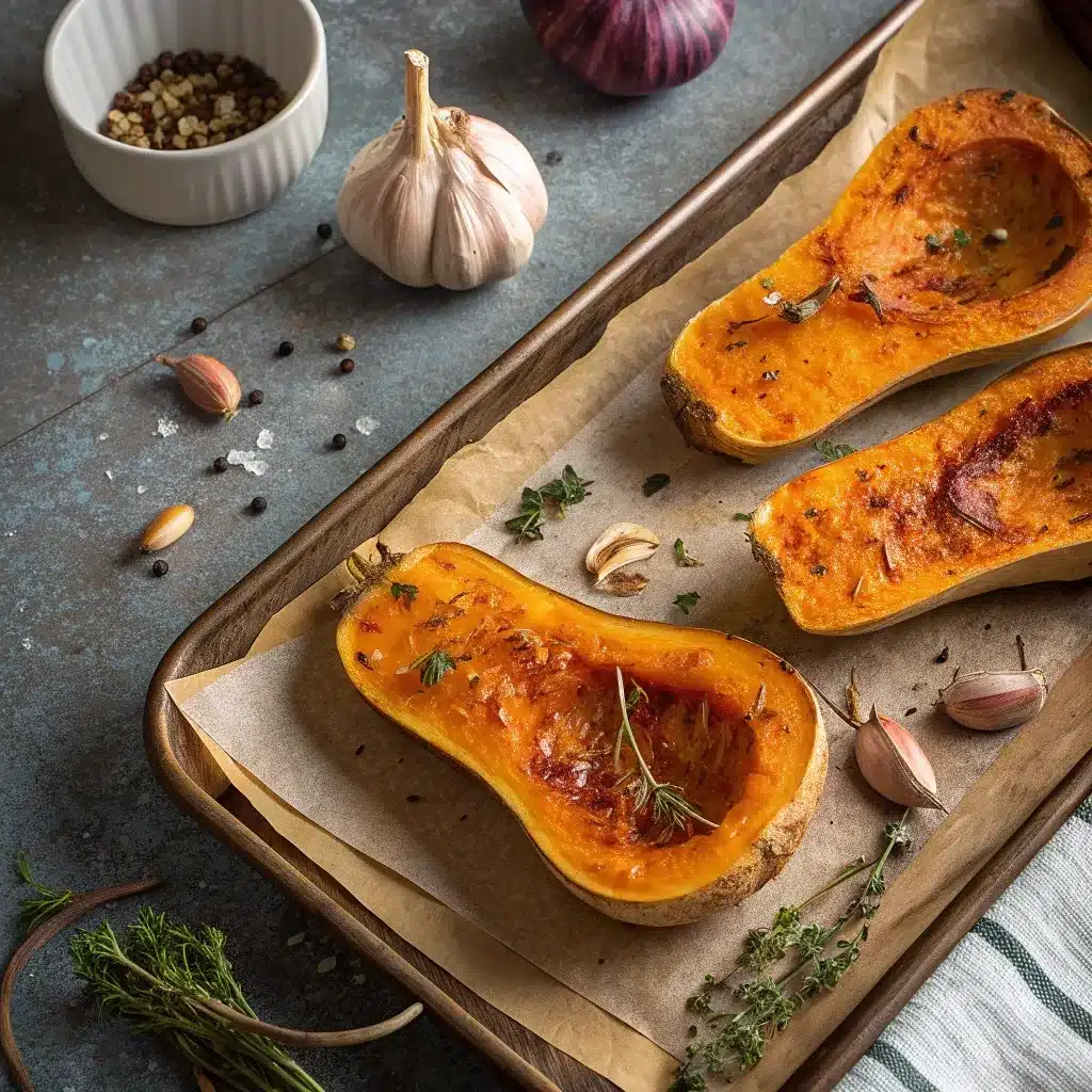 roasted butternut squash halves with garlic and shallot on a tray