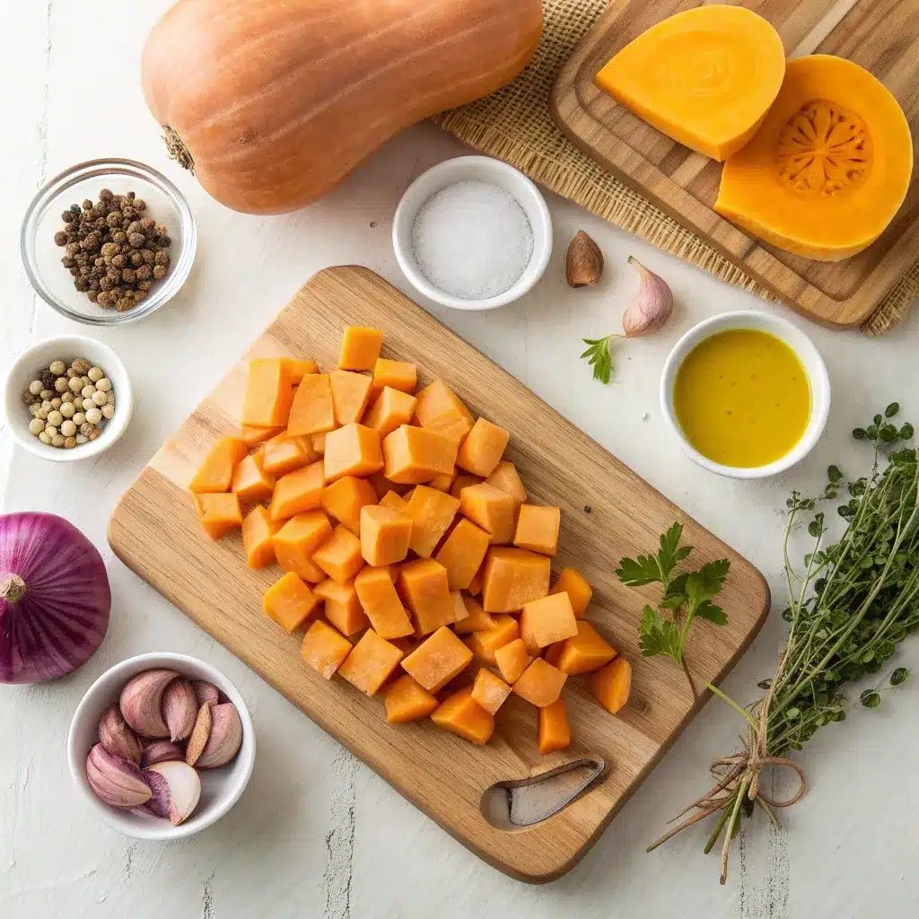 Fresh sweet potatoes, butternut squash, onion, garlic, and spices for soup.