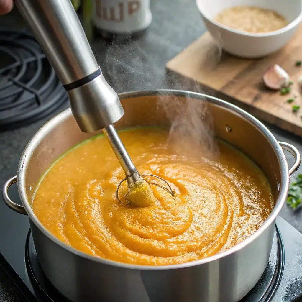 Immersion blender blending roasted sweet potato and butternut squash soup until creamy.