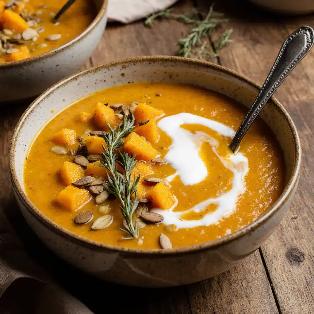 Bowl of roasted sweet potato and butternut squash soup with cream swirl and thyme.
