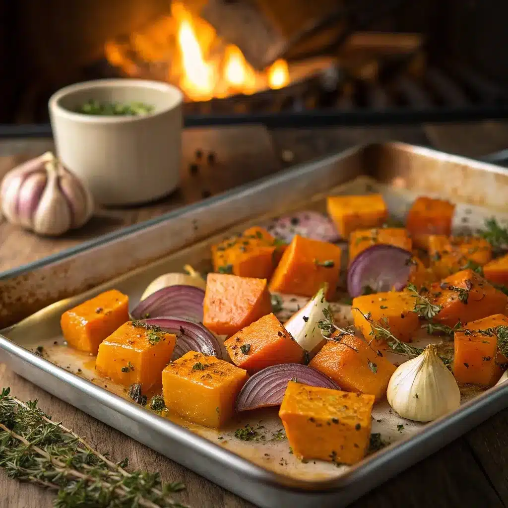 Roasted sweet potatoes and butternut squash on a baking tray with garlic and thyme.